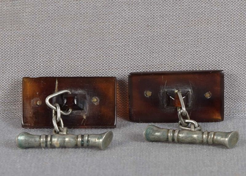 19c Chinese export TURTLE SHELL & SILVER CUFFLINKS Happiness - 2