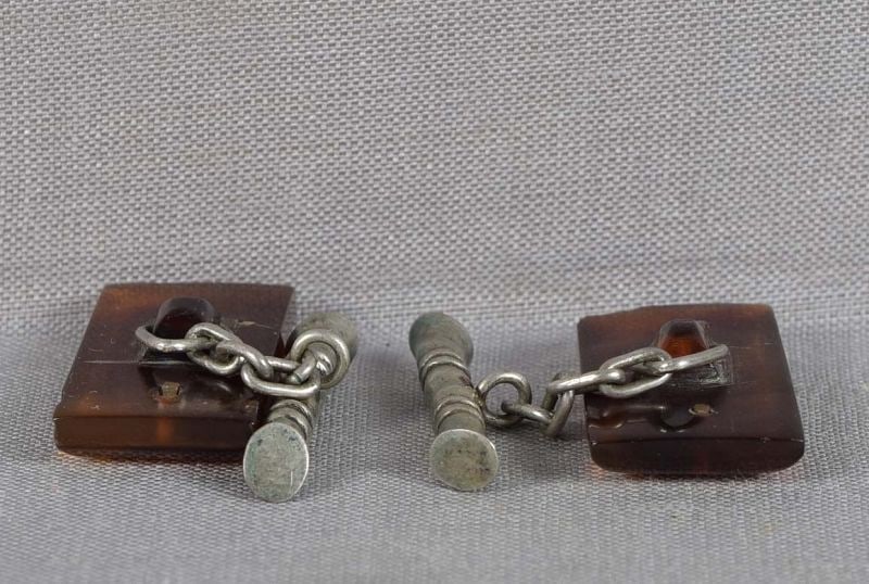 19c Chinese export TURTLE SHELL & SILVER CUFFLINKS Happiness - 3