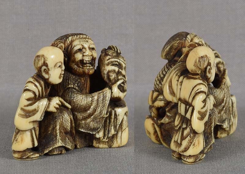Early 19c netsuke laughing MASK MAKER & surprised boy - 3