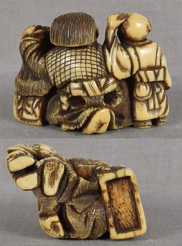 Early 19c netsuke laughing MASK MAKER & surprised boy - 4