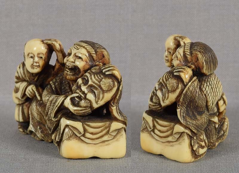 Early 19c netsuke laughing MASK MAKER & surprised boy - 5