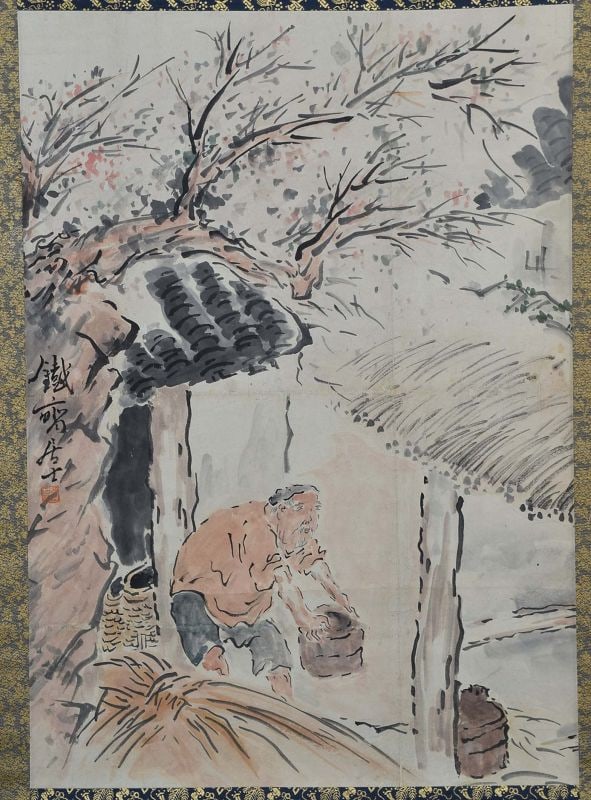 19c Japanese scroll painting CARRYING WATER: 19th century Japanese hanging scroll in ink and colors on paper depicting a man walking from a house carrying a wooden bucket to dump it into a pond. Wonderful uninhibited painting with great Zen