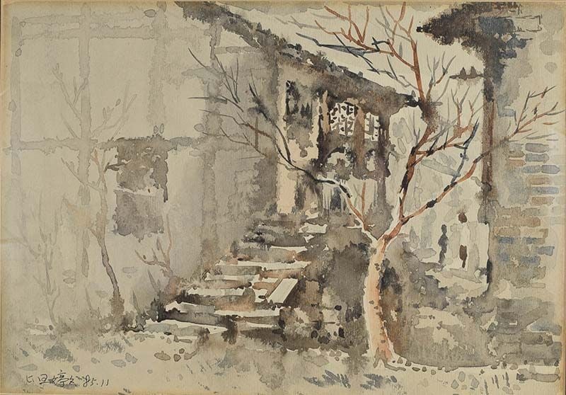 1985 Chinese WATERCOLOR PAINTING old houses by WEN TING - 2