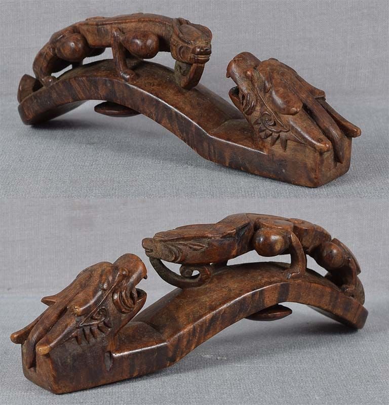 19c Chinese scholar burl wood DRAGON BELT BUCKLE - 2