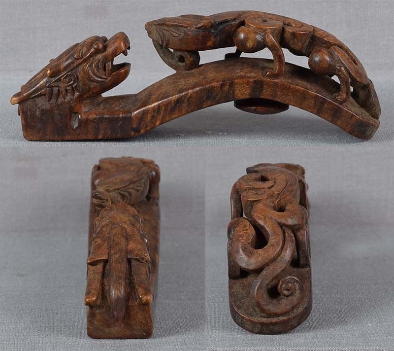 19c Chinese scholar burl wood DRAGON BELT BUCKLE - 4
