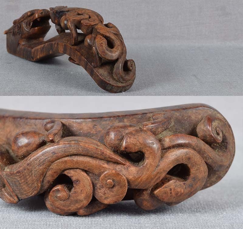 19c Chinese scholar burl wood DRAGON BELT BUCKLE - 6