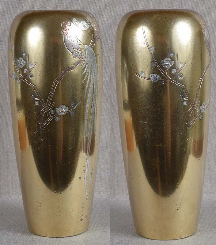 1900s Meiji Japanese bronze VASE ROOSTER on cherry by KOSHU - 2