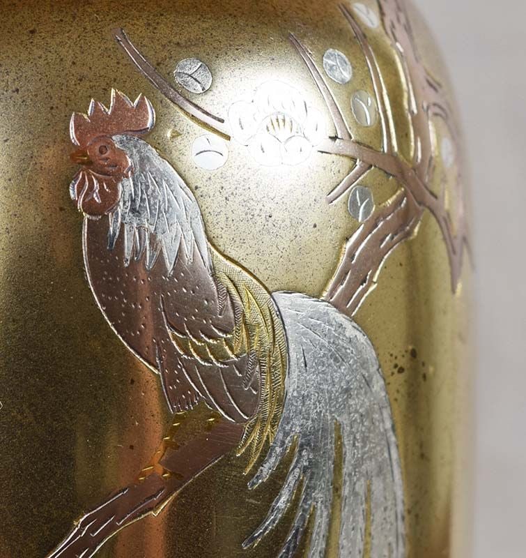 1900s Meiji Japanese bronze VASE ROOSTER on cherry by KOSHU - 3
