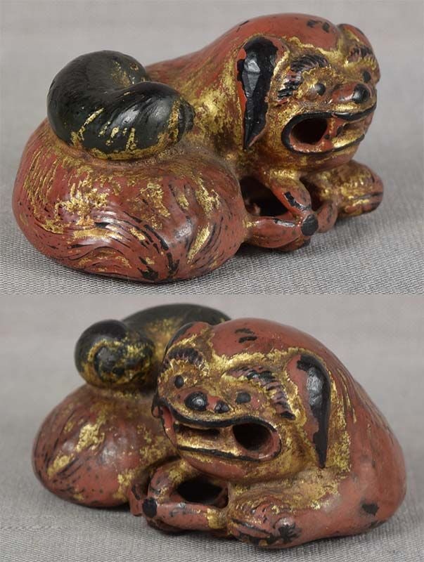 Early 19c lacquer netsuke SHISHI & CUB - 2