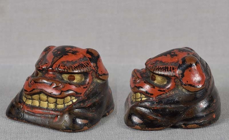 19c Negoro lacquer netsuke SHISHI mask for Shishimai dance - 2