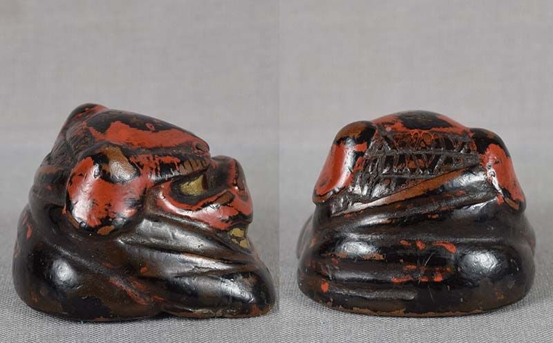 19c Negoro lacquer netsuke SHISHI mask for Shishimai dance - 3