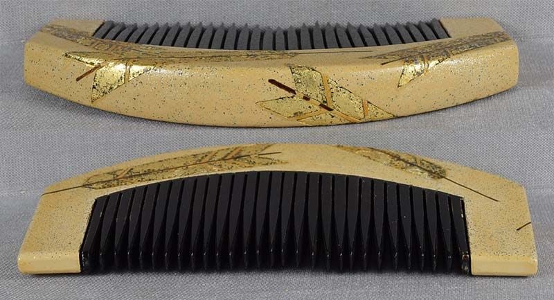 19c Japanese lacquer buffalo horn KUSHI hair COMB ARROWS gold flakes - 3