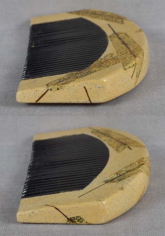 19c Japanese lacquer buffalo horn KUSHI hair COMB ARROWS gold flakes - 6