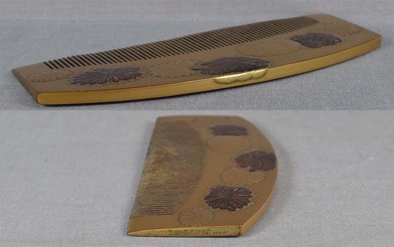 19c Japanese lacquer KUSHI hair COMB blooming chrysanthemums - 3