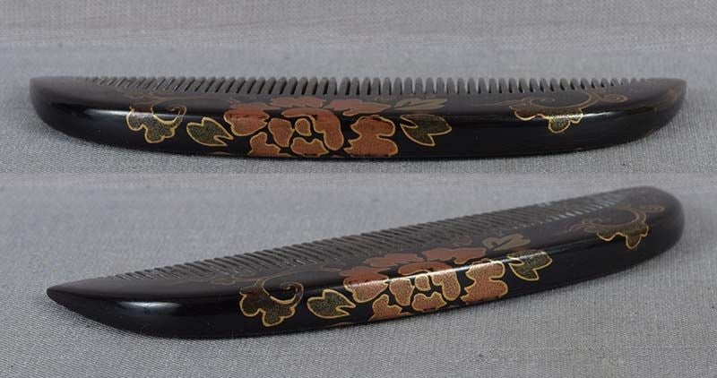 19c Japanese lacquer horn KUSHI hair COMB flowers & vines SIGNED - 3