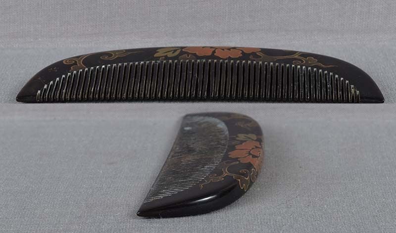 19c Japanese lacquer horn KUSHI hair COMB flowers & vines SIGNED - 4