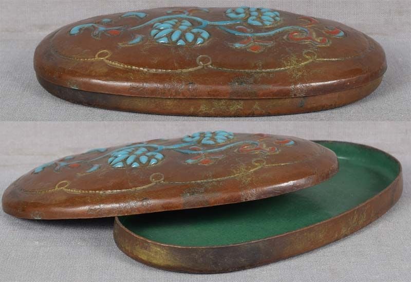 1910s ANDO Arts & Crafts Japanese copper box enameled AOI LEAVES - 2