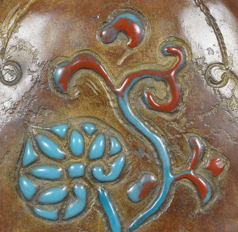1910s ANDO Arts & Crafts Japanese copper box enameled AOI LEAVES - 3
