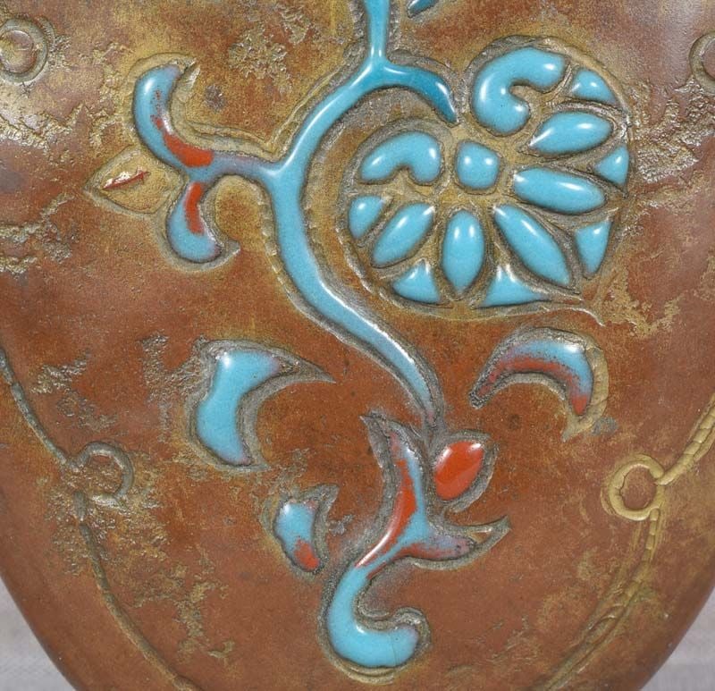 1910s ANDO Arts & Crafts Japanese copper box enameled AOI LEAVES - 4