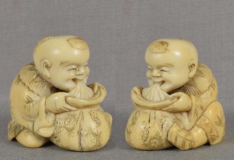 Early 19c netsuke BOY with bag by MASAKAZU INSJ illustrated - 3