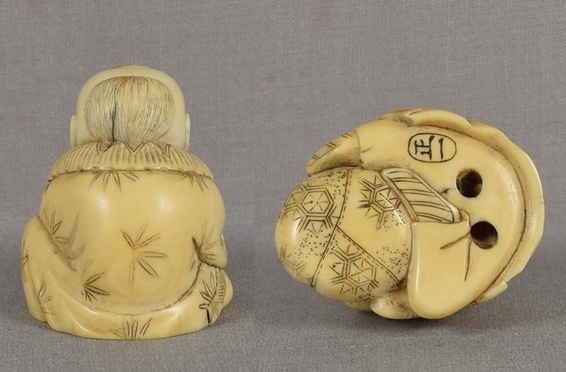 Early 19c netsuke BOY with bag by MASAKAZU INSJ illustrated - 4