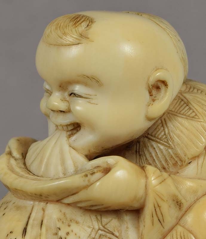Early 19c netsuke BOY with bag by MASAKAZU INSJ illustrated - 6