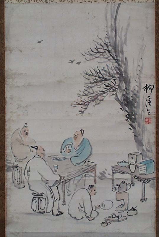 Japanese scroll painting SCHOLARS wine by KOKEISAI: Japanese hanging scroll depicting 3 Chinese scholars having wine and probably a good conversation at the table by the rock, with an attendant taking care of wine heating and pouring. There are fruit, 
