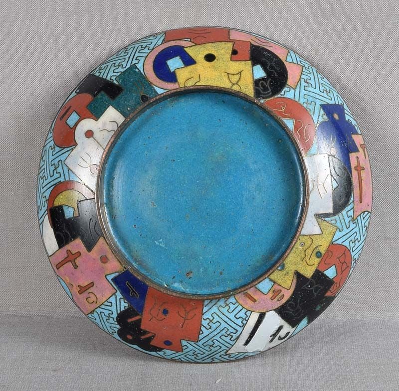 19c Chinese cloisonné CUP STAND numerous Chinese COINS - 3