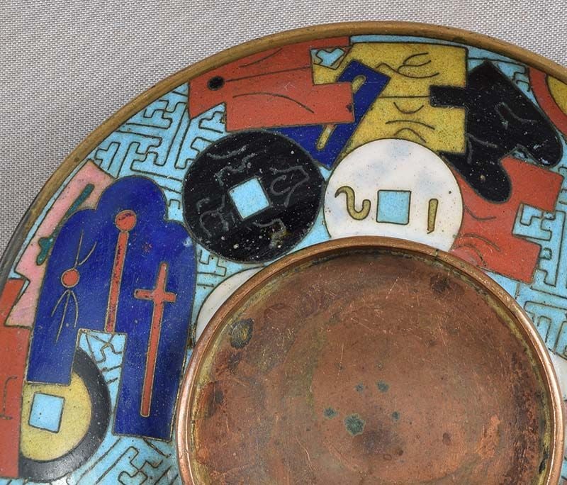 19c Chinese cloisonné CUP STAND numerous Chinese COINS - 4