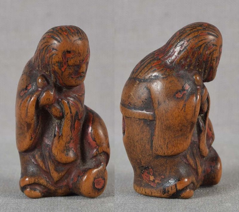 18c SHUNGA netsuke WOMAN with mushroom & drum - 3
