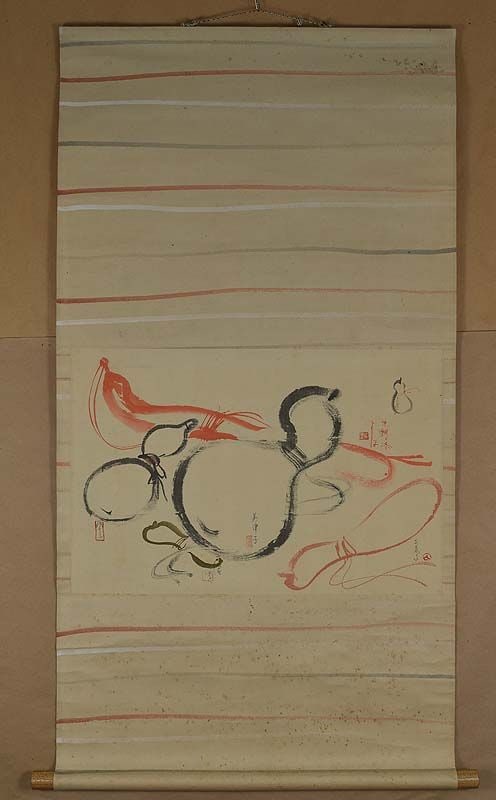 19c Japanese scroll painting DOUBLE GOURDS by 6 ARTISTS - 2
