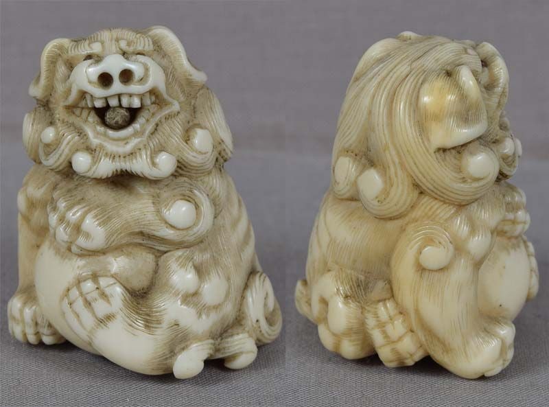 Early 19c Kyoto school netsuke SHISHI with ball - 4