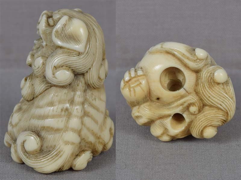 Early 19c Kyoto school netsuke SHISHI with ball - 6