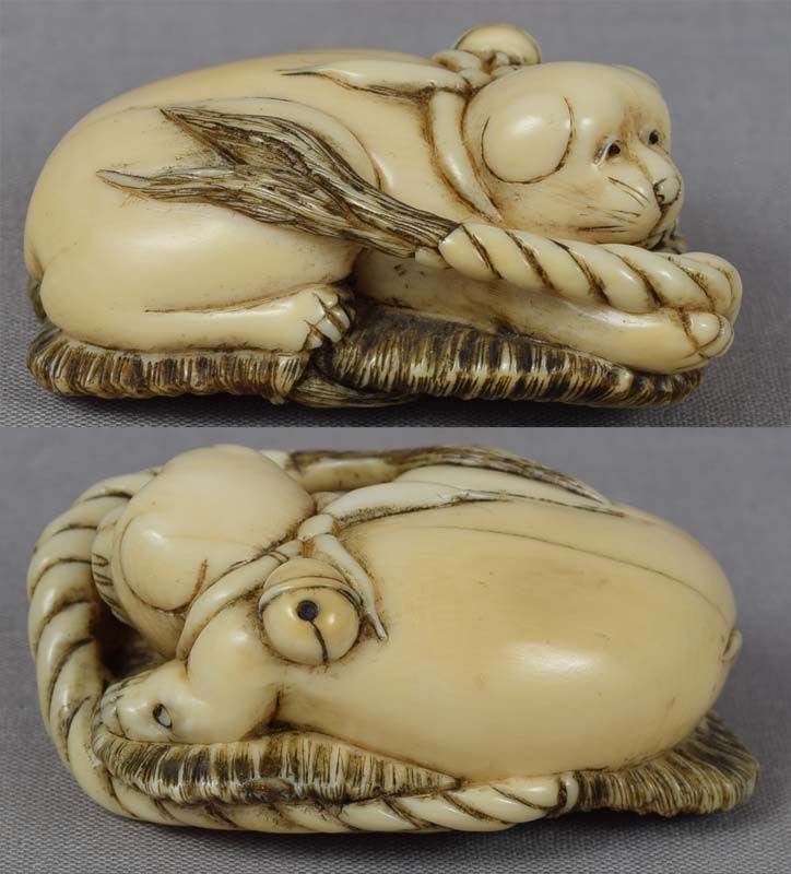 19c netsuke PUPPY on sandal by MASATERU grandson of KAIGYOKUSAI - 2