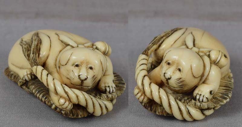 19c netsuke PUPPY on sandal by MASATERU grandson of KAIGYOKUSAI - 3