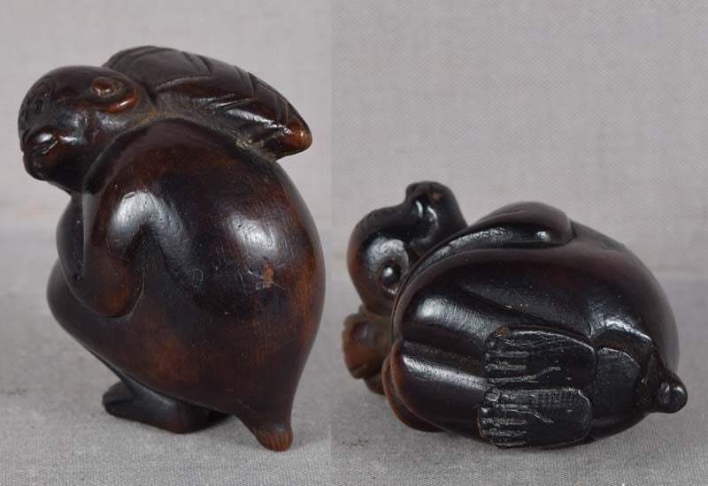 Early 19c netsuke thoughtful MONKEY with bamboo shoot - 5