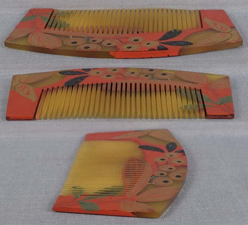 19c Japanese lacquer buffalo horn KUSHI hair COMB BIRDS berries - 3