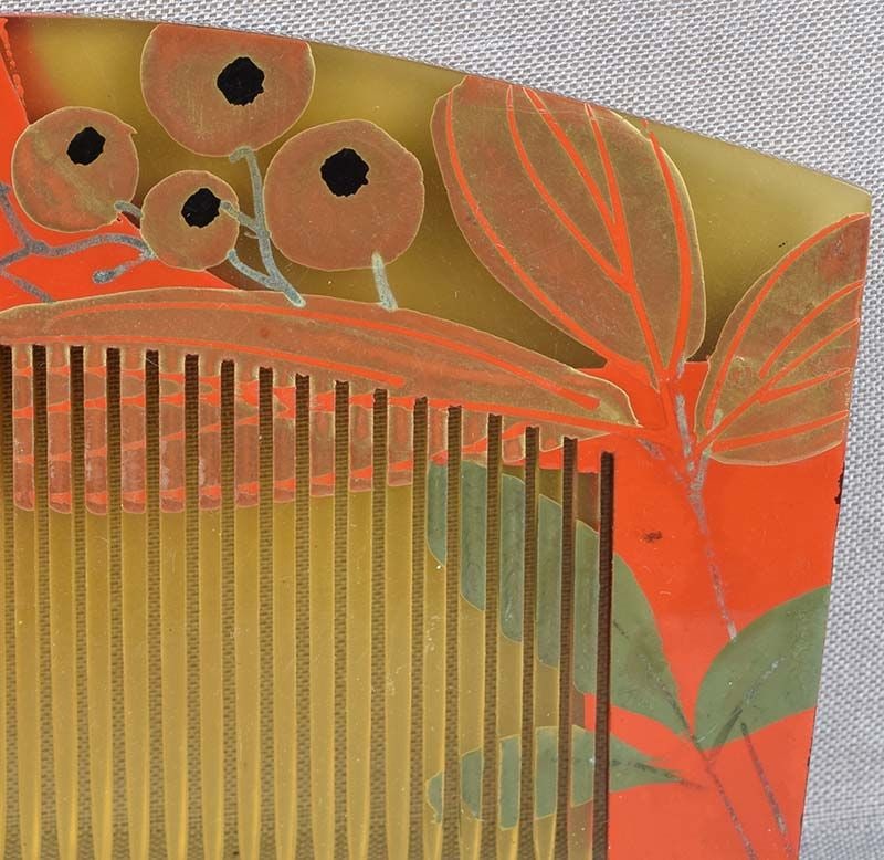 19c Japanese lacquer buffalo horn KUSHI hair COMB BIRDS berries - 5