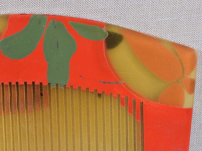 19c Japanese lacquer buffalo horn KUSHI hair COMB BIRDS berries - 6