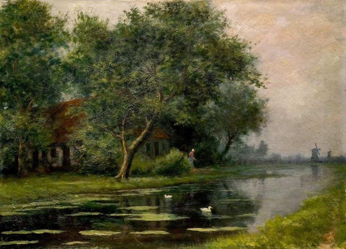 Oil painting By the river: Title: Oil painting By the river Description: NoVerne 150 *** ABOUT THIS PAINTING *** * TITLE: "By the river" * ARTISTS: Unknown artist * SIZE: 45x63 cm/'17.71x24.80 inches' * MEDIUM: oil, canvas * HA