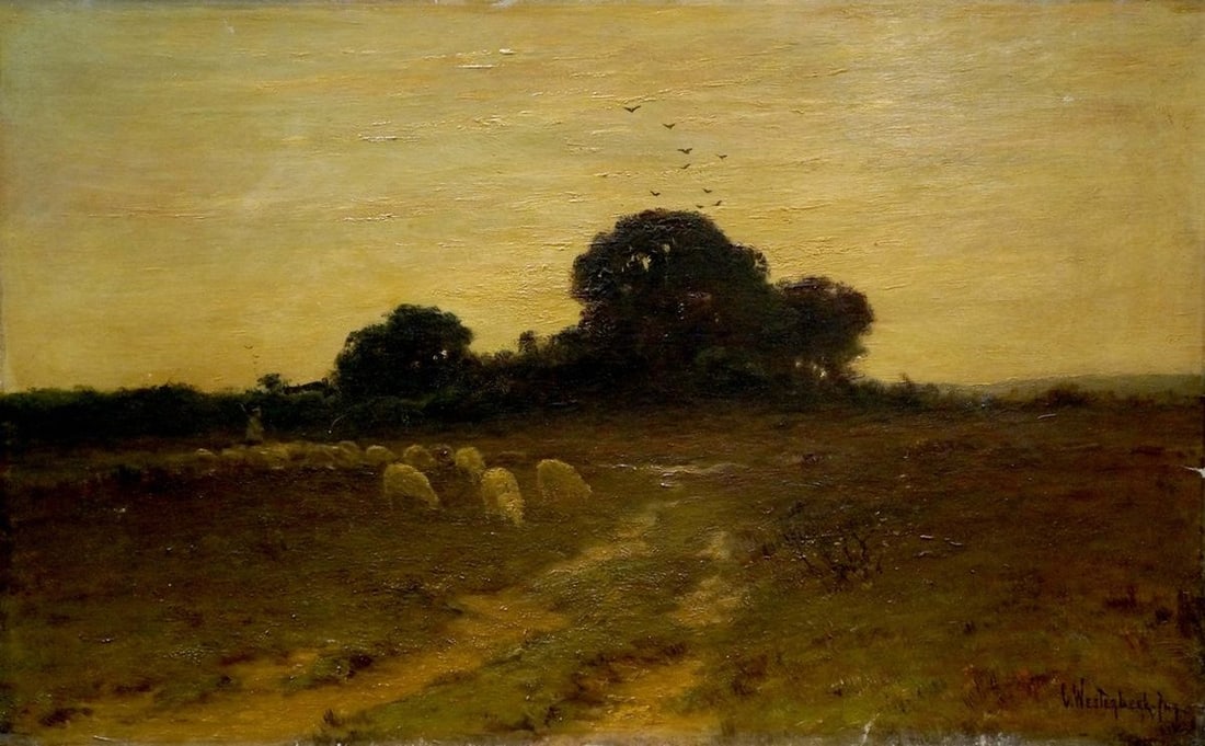 Oil painting Evening landscape: Title: Oil painting Evening landscape Description: NoVerne 153 *** ABOUT THIS PAINTING *** * TITLE: "Evening landscape" * ARTISTS: Unknown artist * SIZE: -x- cm/'-x- inches' * MEDIUM: oil, canvas * HA