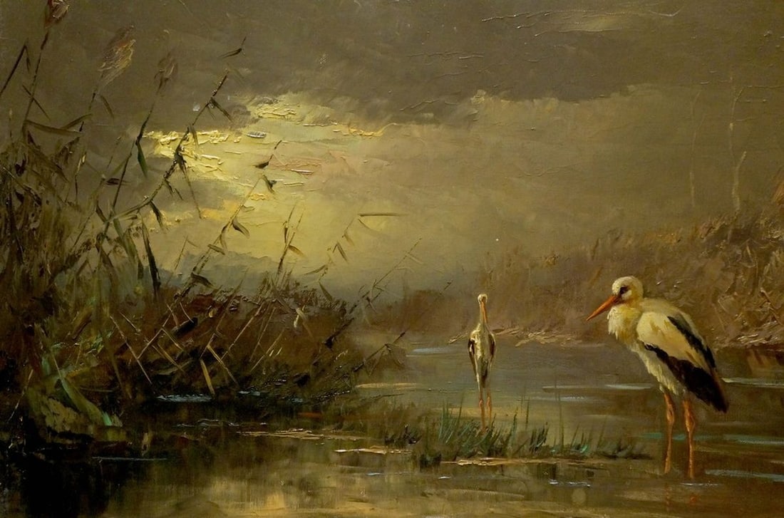 Oil painting Herons on the shore - 2