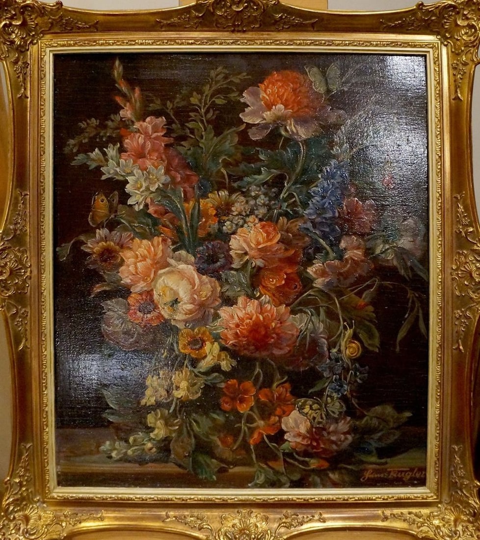 Oil painting Flowers: Title: Oil painting Flowers Description: NoVerne 198 *** ABOUT THIS PAINTING *** * TITLE: "Flowers" * ARTISTS: Unknown artist * SIZE: 60x50 cm/'23.62x19.68 inches' * MEDIUM: oil, wood * HAND PAINTED: 