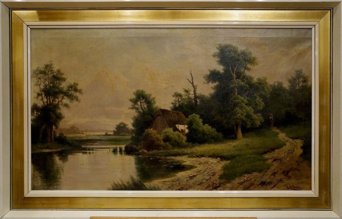 Oil painting Lake at the house: Title: Oil painting Lake at the house Description: NoVerne 207 *** ABOUT THIS PAINTING *** * TITLE: "Lake at the house" * ARTISTS: Unknown artist * SIZE: 52x88 cm/'20.47x34.64 inches' * MEDIUM: oil, c