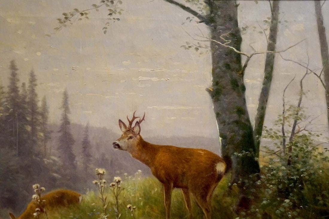 Oil painting Deer in the forest Louis Skell - 4