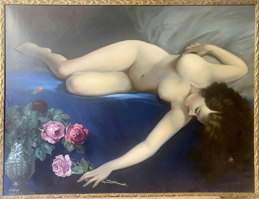 Oil painting Naked girl with a rose European artist: Title: Oil painting Naked girl with a rose European artist Description: NoVerne 304*** ABOUT THIS PAINTING **** TITLE: "Naked girl with a rose"* ARTISTS: European artist* SIZE: 90x70 cm/'35.43x27.55