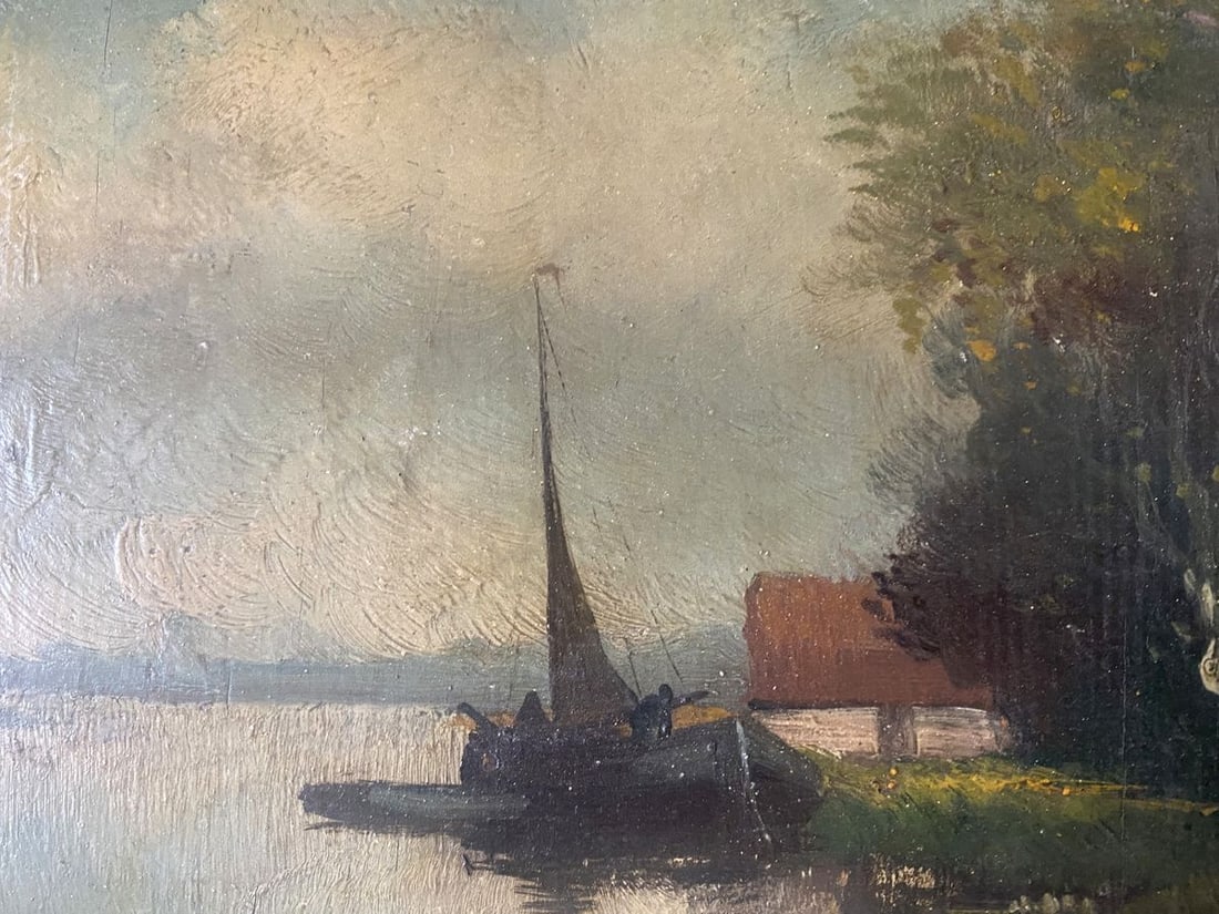 Oil painting River bank European artist - 2