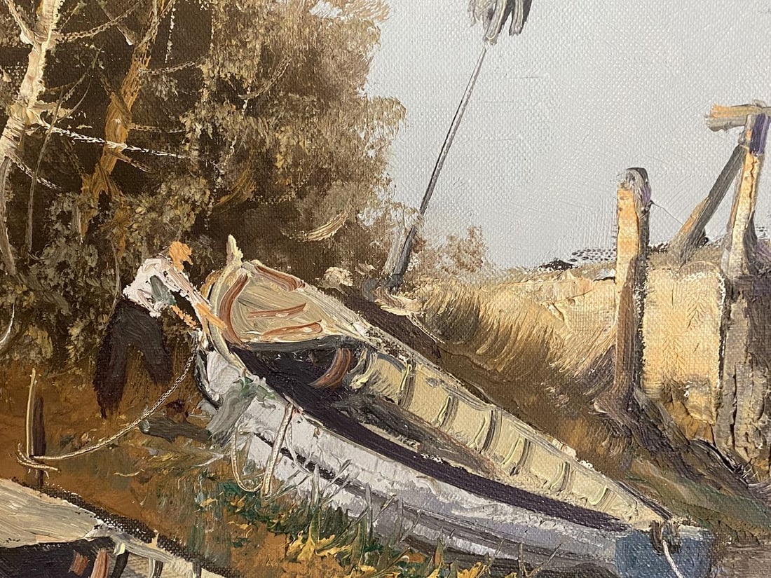 Oil painting River landscape with boats European artist - 5