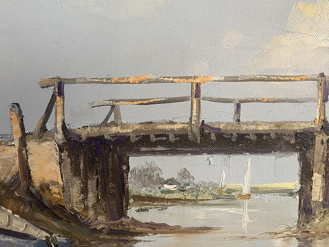 Oil painting River landscape with boats European artist - 7