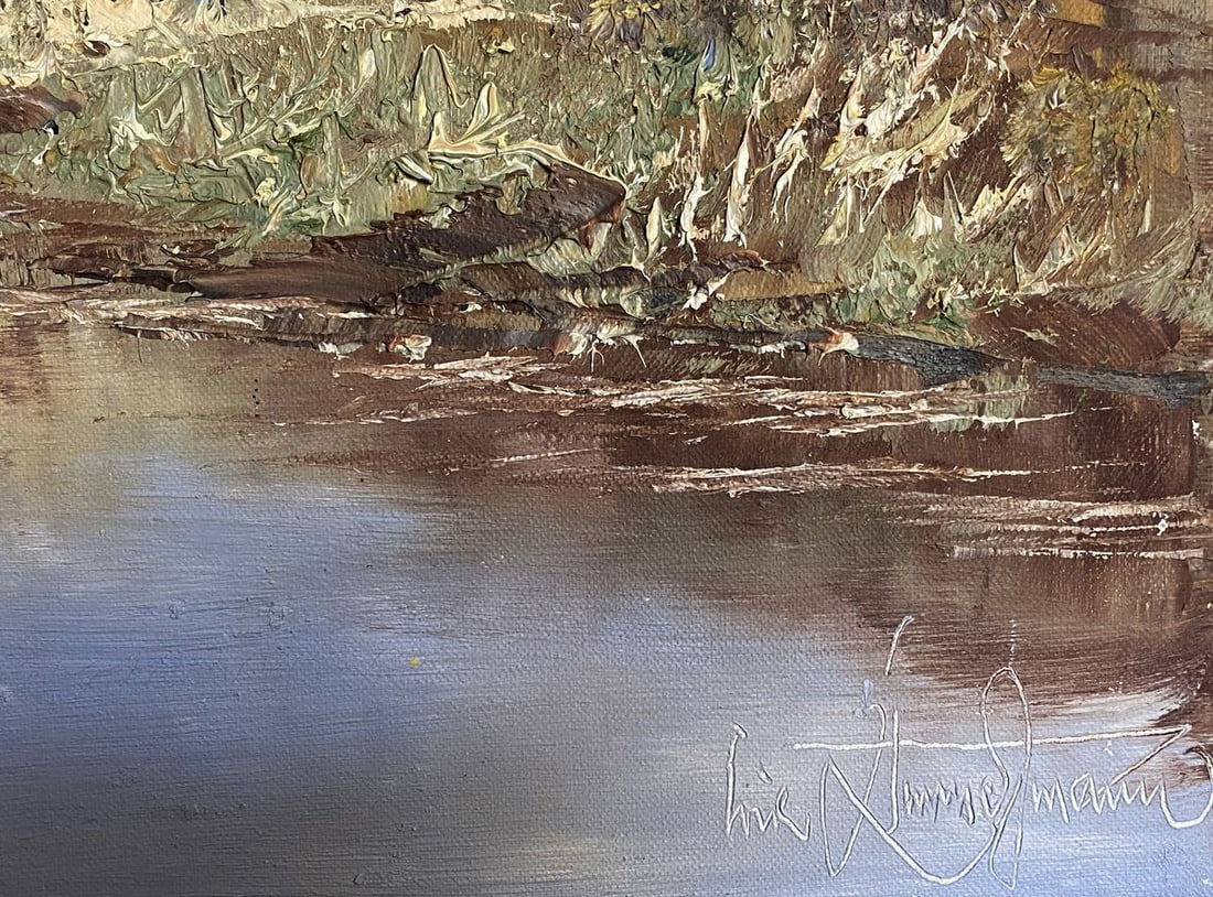 Oil painting River landscape with boats European artist - 9